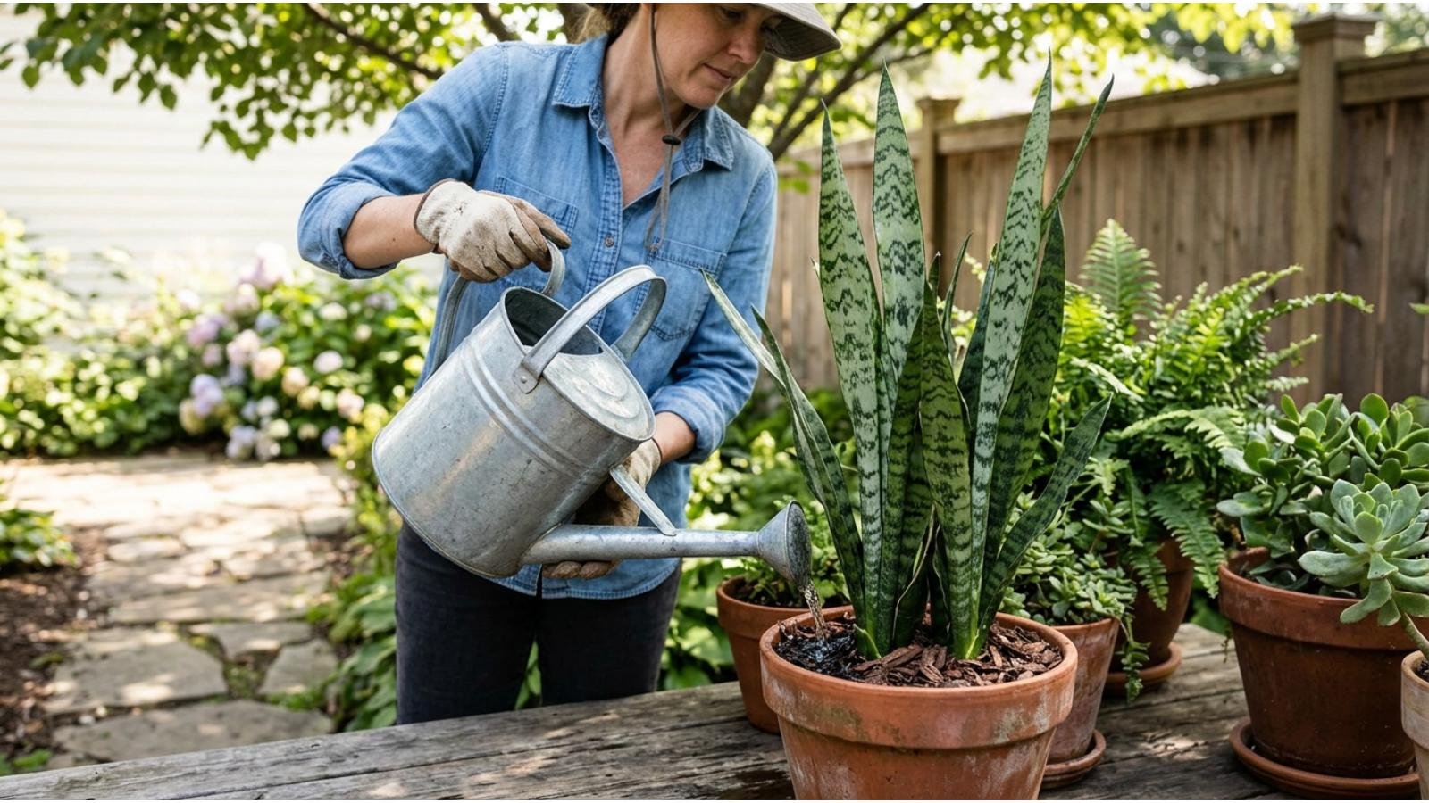 water-a-snake-plant-outdoors
